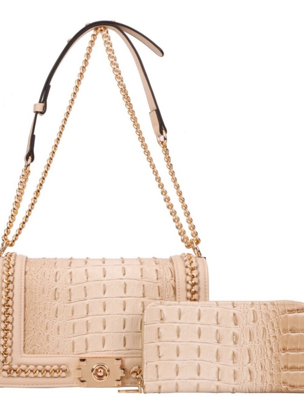 Cream Croc-Embossed Chain Shoulder Bag 2pc